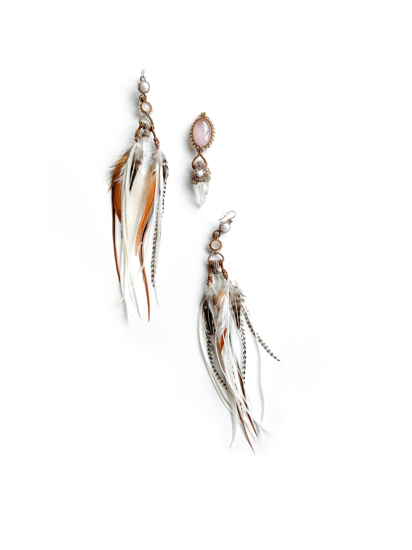 Earrings on white background with matching pendant: Complete set featuring Clear Quartz, Rose Quartz, pearl & silver, designed to illuminate your beautiful essence.