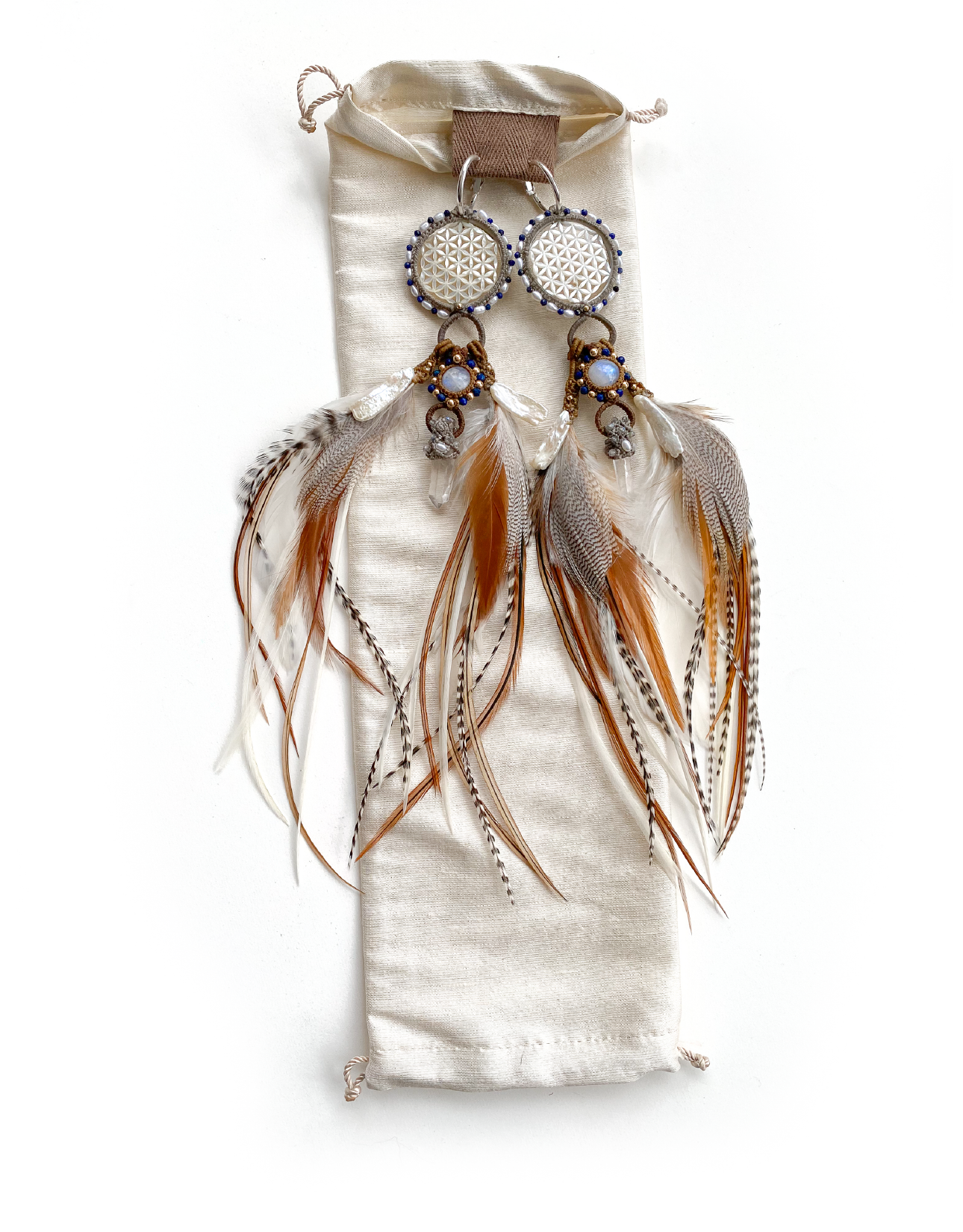 Feather Earrings with Handmade Silk Bag – a beautiful accessory adorned with gemstones and precious metals, including clear quartz, Lapis, pearl & gold.