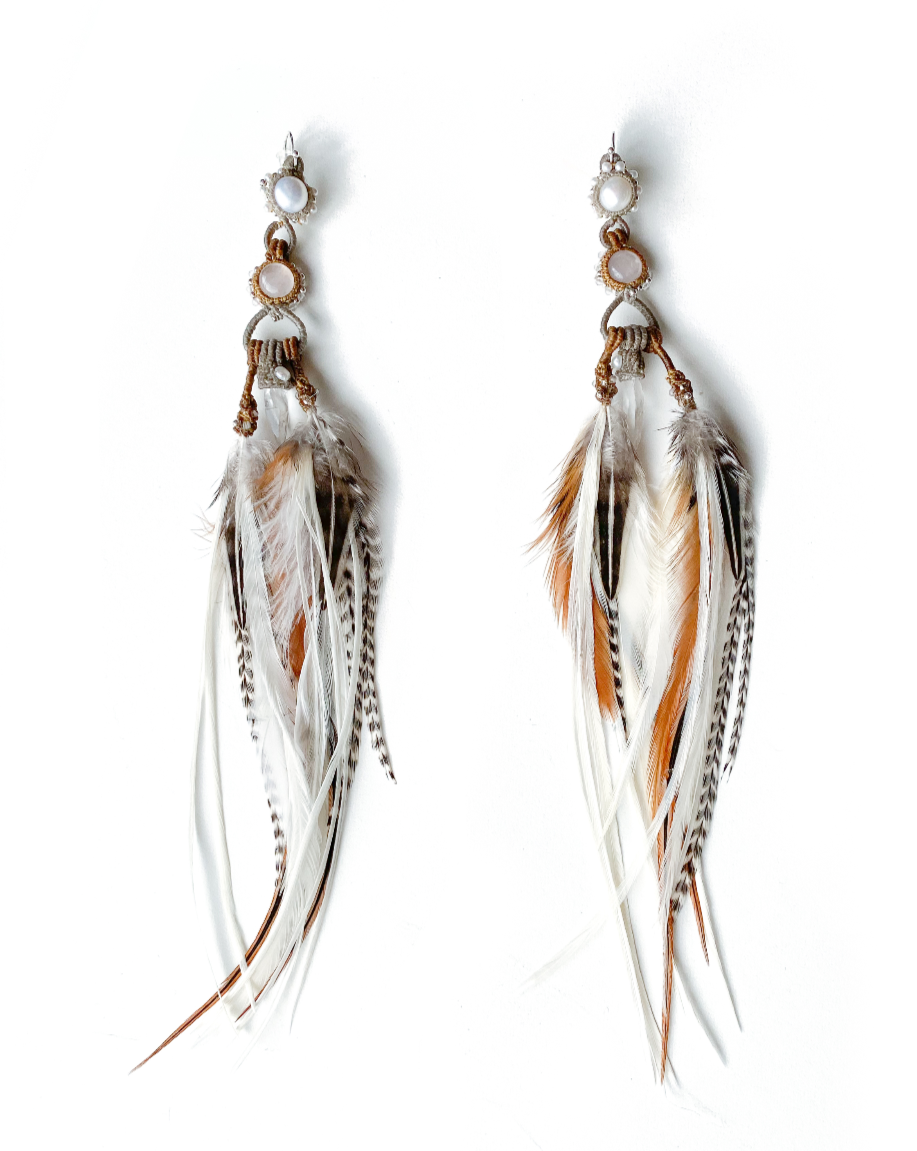 Feather Earrings on white background: Embrace uniqueness with gemstones - Clear Quartz, Rose Quartz, pearl & silver, handcrafted with cruelty-free feathers.