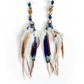 Feather Earrings on white background – clear quartz, Lapis, pearl & gold adornments, handcrafted with Flower of Life Sacred Geometry and cruelty-free Indian Roller feathers.