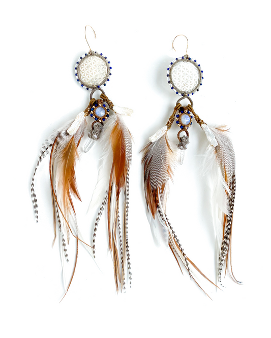 Feather Earrings on white background – clear quartz, Lapis, pearl & gold adornments, handcrafted with Flower of Life Sacred Geometry.